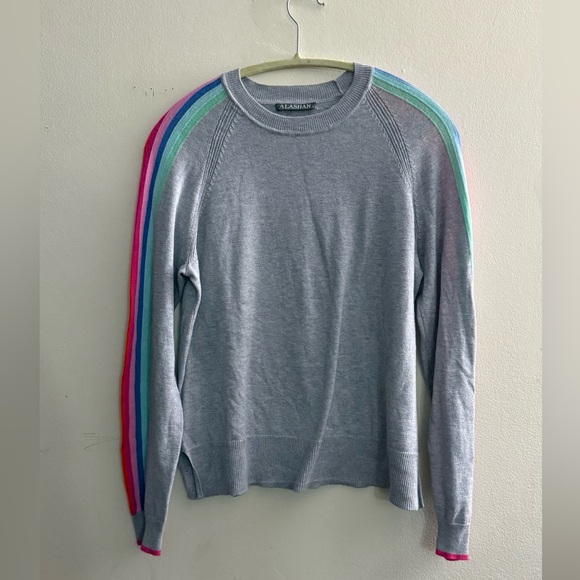 Alashan Cashmere Bowie Stripe Raglan Gray Cotton Cashmere Crewneck Sweater Large - Picture 4 of 7